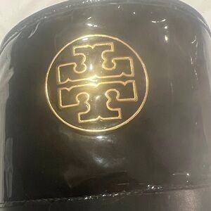Tory Burch Tall Waterproof Boots with Gold Logo and Patent Band on top. Size E39
